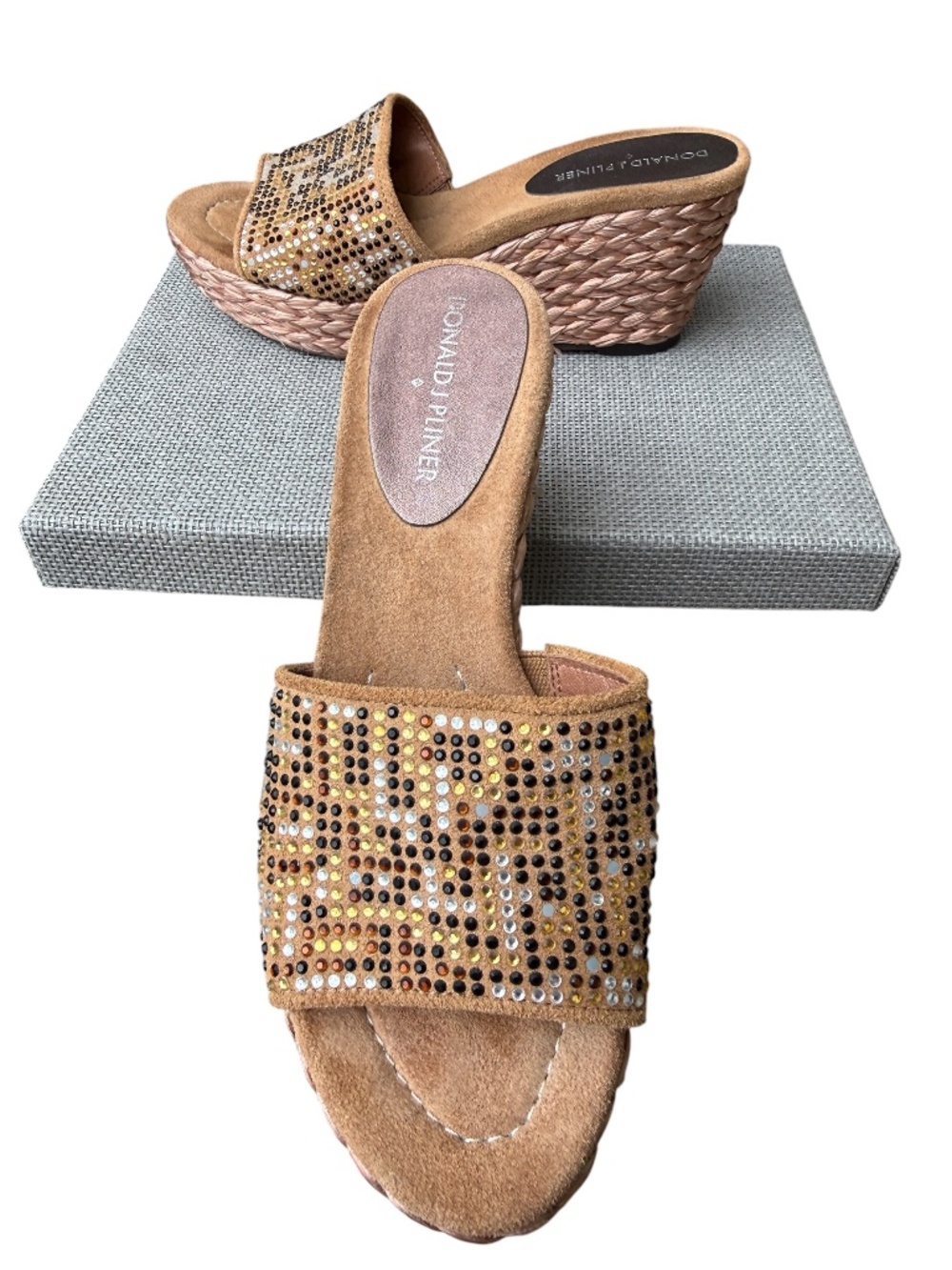 Donald J. Pliner Embellished woven Raffia Wedge Slide Sandals Bronze 5.5M Italy